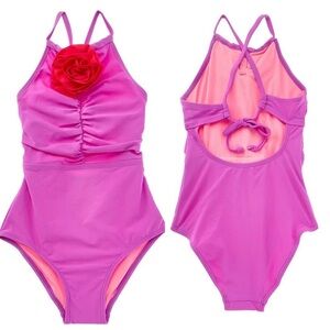 Girls One-Piece Swimsuit with Flower Accent - Pink